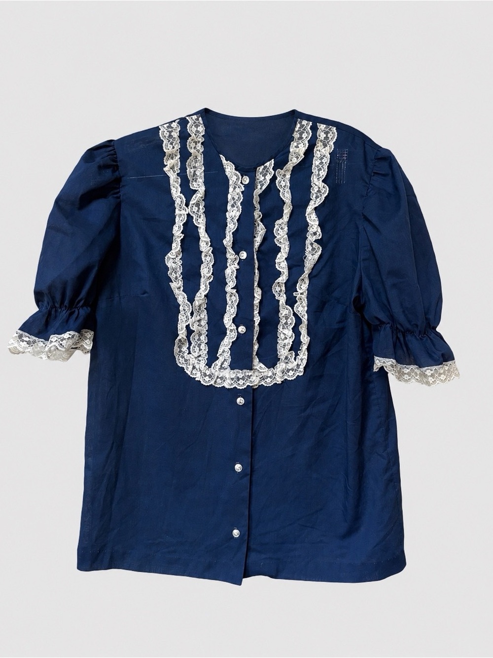 Vintage Navy Lace Bib Puff Sleeve Blouse Poetcore Cottagecore Romantic M